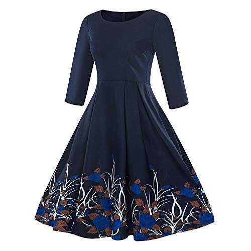 TUDUZ Robe Vintage Grande Taille à Manches 3/4 Vintage pour Femmes avec imprimé Floral Femmes Robe de Soirée Cocktail Longue Vintage rétro (EU-36/CN-M, Bleu)