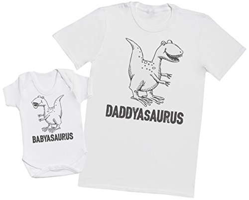 Zarlivia Clothing Daddysaurus & Babysaurus - Regalo para Padres y bebés en un Cuerpo para bebés y una Camiseta de Hombre a Juego - Blanco - Large & 0-3 Meses