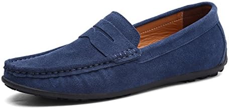 LYJBIK Men's Casual Leather Flat Loafer Slippers Anti-fur Shoes Multi-color Drivers,Blue-UK11.5~12(46EUR)