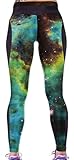 erdbeerloft - Damen Leggings Sporthose Weltall Space, One Size, Schwarz Grün Braun - 