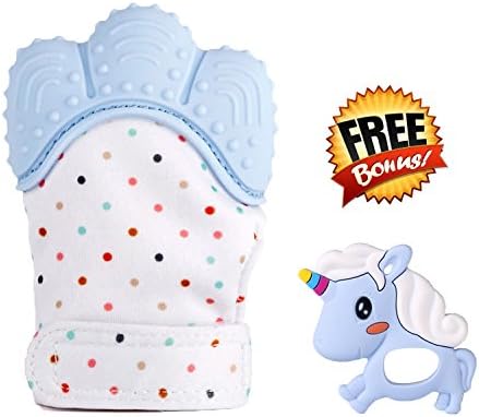Baby Teething Glove &amp; Unicorn Teether - Protects Babys Hands from Salvia &amp; Chewing - Age 3 - 12 Months - Soothing Pain Relief - Secure Adjustable Strap - Great For Travel - Washable Sensory Mitten (Pastel Blue)