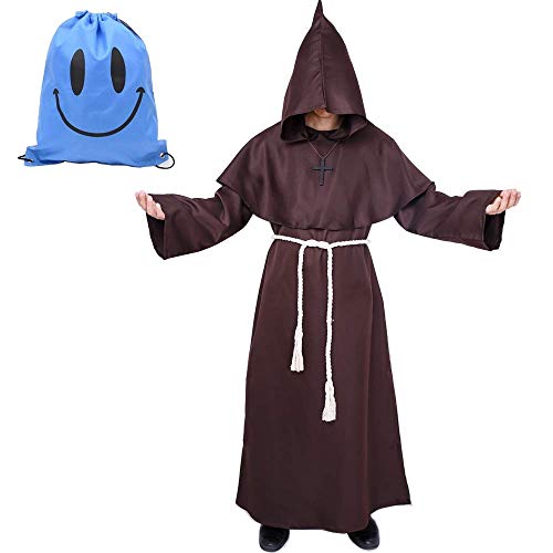 Much Green Monje Sacerdote Túnica de Robe para Medieval Renacimiento Trajes de Vampiros,Disfraz de Gótico cosplay con Cruz para Halloween Carnaval Disfraces con Capucha para Hombre(Marrón,L)