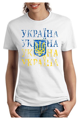OM3 – UKRAJINA – Damen T-Shirt tailliert – UKRAINE EM 2016 FRANKREICH FRANCE FUSSBALL FANSHIRT SOCCER SPORT TRIKOT EUROPAMEISTER, S, weiss