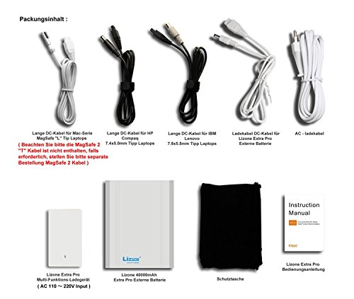 Lizone® Extra Pro Super Kapazität 40000mAh tragbar Externer Akku Batterie Power Bank Ladegerät mit Notizbuch, Laptop Apple MacBook Air , MacBook Pro , MacBook , Powerbook und iBook ; HP Compaq Pavilion , Mini, ElifeBook , ProBook , Presario , Neid und G; IBM Lenovo ThinkPad und IdeaPad; USB-Port für iPad Air, iPad Mini, iPad und iPhone ; Samsung Galaxy Nexus , MOTO , G, LG , HTC und Mehr -Aluminium Körper als Original MacBook Körper (nicht Kunststoff ) – 18 Monate Garantie (40000mAh Silber) - 6