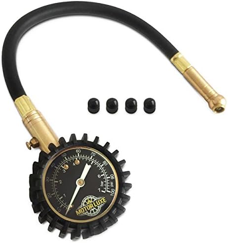 Motor Luxe Tyre Pressure Gauge 100 PSI / 7 Bar - Accurate Heavy Duty Air Pressure Gauge For Your Car Truck and Motorbike - 4 Free Valve Caps