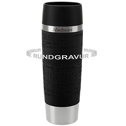 Emsa Thermobecher TRAVEL MUG Grande Schwarz 0,5 L mit persönlicher Rund-Gravur gelasert Edelstahl Soft-Touch-Manschette mit Quick Express Verschluss