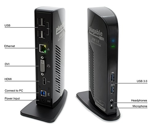 Plugable USB 3.0 Universelle Dockingstation mit zwei Videoausgängen für Windows 10, 8.1, 8, 7, XP (HDMI / DVI / VGA, Gigabit Ethernet Schnittstelle, Audio, 2 USB 3.0 Ports, 4 USB 2.0 Ports, 20W AC Netzadapter) - 3