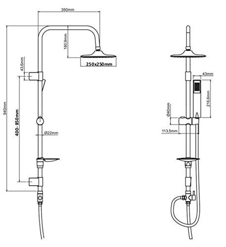 Duschset Brauseset Dusch Brause Set Überkopfbrause Duschstange 100cm Regendusche Kopfbrause Duschsystem Komplettdusche Brausestange Duschbrause variable Halter 40cm-85cm Duschgarnitur für vorhandene Bohrlöcher 2525 25cm x 25cm - 2