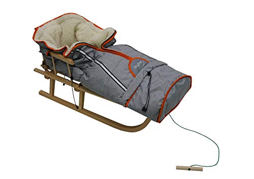 Schlitten mitWinterfußsack Luge en Bois pour Enfants avec Dossier - avec Ceinture de sécurité, Dossier et chancelière d'hiver, Naturel/Gris.