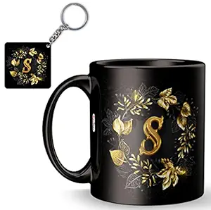 KivStar S Alphabet Letter Printed Mug + Keychain,Gift for Love,Birthday,Valentines Day and Anniversary. (Black, S-Alphabet)