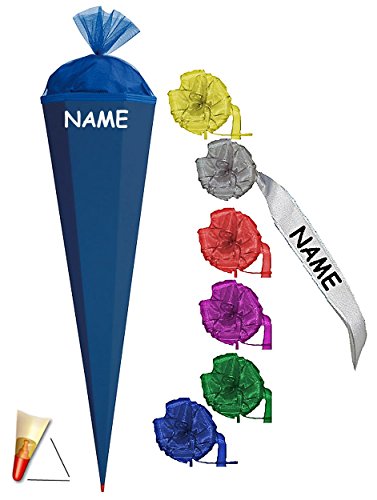Schultüte - Rohling - kräftiges BLAU - 35 / 50 / 70 / 85 cm - incl. NAMEN und individueller SCHLEIFE - mit Holzspitze - Zuckertüte ALLE Größen - Roth - zum Basteln, Bemalen und Bekleben Bastelschultüte