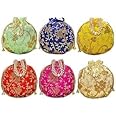 AT Traders Embroidered Potli Bag Pack of 6 | Leaf Floral Design with Small Moti Handle Batwa Bag Bridal Purse | Women Handbag Shagun Pouch Return Gifts Beads Handle (Assorted)