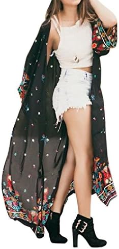 Ladies Cardigans Plus Size ❤️ LMMVP Women Bohemian Loose Floral Chiffon Kimono Oversized Long Cardigan with Fringe Shawls Wraps (3XL, Black)
