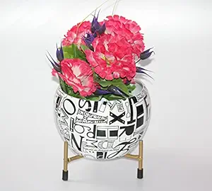 Elegant Crafts India Indoor Plant Pot or Table Planter with Rust Free Metal Stand for Indoor and Outdoor Gardening Plants Pack of 1 Width X Height 06X06 Inches (Black and White Alphabetic Design)