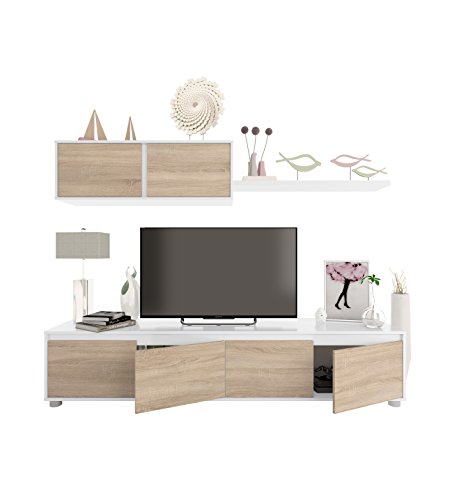 Habitdesign 0F6663A - Mueble de salón moderno, modulos comedor Alida, acabado en color Blanco Artik y Roble Canadian, medidas: 43 x 200 x 41 cm de fondo