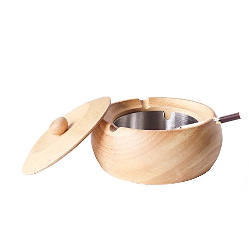 Monsiter Cenicero de madera para cigarrillos con tapa y acero inoxidable para interiores y exteriores