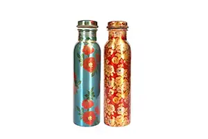 Agile 100% Pure Copper Modern Art Flower Floral Printed (Combo) and Outside Lacquer Coated Bottle, Travelling Purpose, Yoga Ayurveda Healing, 1000 Ml (Pack of 2)