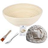 Gärkörbchen rund, ø 21 cm, Höhe 8.5 cm Banneton Proof Korb für Brot und Teig [inkl. Pinsel] Proof Rising Rattan Schale(750g Teig) + Gratis Liner + Gratis Brot Gabel
