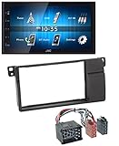 Einbauset besteht aus: JVC KW-M24BT / M25BT - Doppel-DIN MP3-Autoradio mit Touchscreen / Bluetooth / USB / iPod / AUX; Doppel DIN Radioblende; Adapterkabel ISO fahrzeugspezifisch (Strom / Lautsprecher)