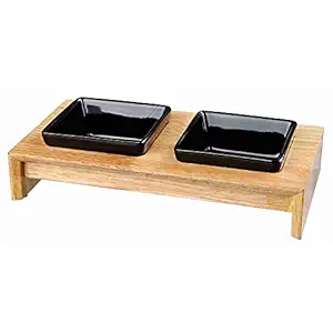 Trixie Ceramic Feeding Bowl (Set of 2, Black) with Wooden Stand (24 x 15 x 5 cm)