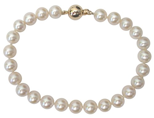 Pulsera de perlas clásicas blancascon precioso broche redondo de oro amarillo de 14kt