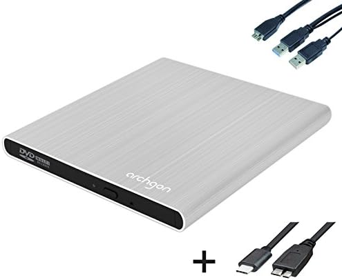 Archgon Style External DVD Burner/Player for PC USB 3.0 USB-C, M-Disc, Tray Load Disc Drive, Aluminum Silver
