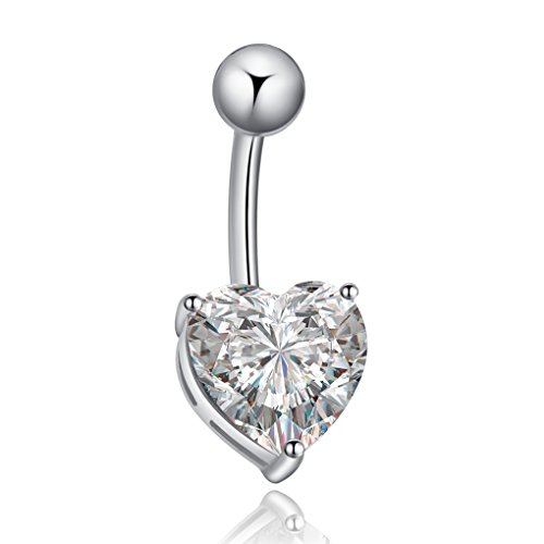 ELENXS Women Girls Rhineston Heart Shape Barbell Navel Belly Button Ring Bar Body Piercing Jewelry White1