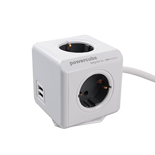 Allocacoc PowerCube 2 x USB Port 5V/2.1A mit 4 Verteiler 3M Verlängerungskabel Power Strip Steckdose 230V Schuko, Grau - 2