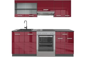 Vicco Cucina componibile R-Line, Rosso lucido/antracite, 200 cm senza piano di lavoro