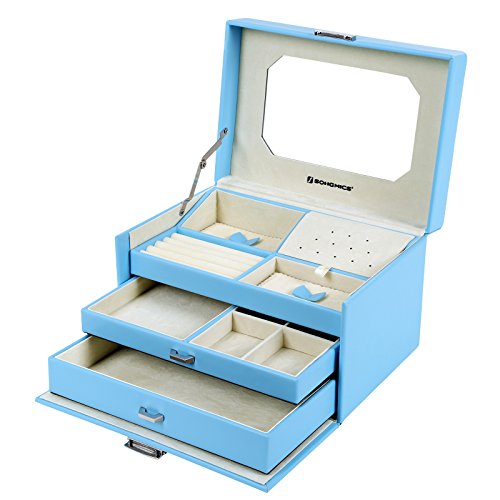 Songmics Schmuckkasten Schmuckkoffer 3 Ebenen mit Schubladen Spiegel himmelblau JBC218