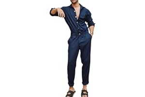 Oanviso Herren Overalls Einteiliges One-piece Sommer Jumpsuit Einfarbig Set Kurzarm mit Reißverschluss Hose Lang mit Taschen Mode Casual Overall Hemd mit Revers