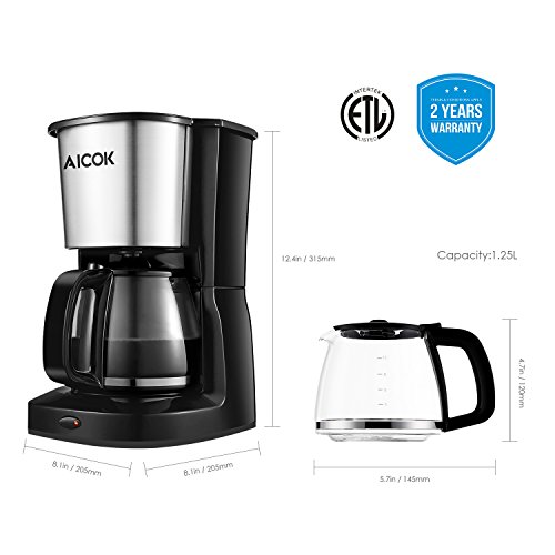 Aicok Filter Kaffeemaschine mit Thermoskanne Glaskanne und Warmhalteplatte, Elektrisch, 10 Tassen, 1,25L, 1000Watt, Schwarz, Schnell Kochen - 6