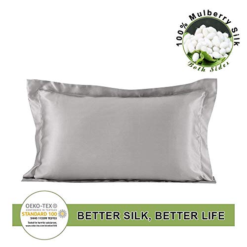 LILYSILK Funda de Almohada con Borde de 100% Seda de Mora Nartural 19 Momme 1 Unidad con Caja de Regalo 19MM - Con Tacto Muy Suave y Super Transpirabilidad - Prevención de la Caída de Cabello, 50x75 Gris Plata