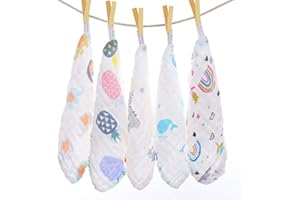 TIYUPA Baby Muslin Washcloths, Muslin Squares Organic 100% Cotton Natural Baby Face Towels, 5 Pack Reusable Extra Soft Newborn Baby Wipes, 6 Layers Bath Shower Wash Cloths with Printed Design, 10x 10 Inches