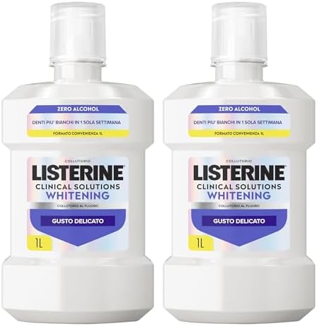 LISTERINE Clinical Solutions Whitening, Collutorio sbiancante 0% alcol al gusto delicato di Menta, Collutorio senza alcool per denti più bianchi in una settimana* e un'igiene orale completa, 2 x 1 L