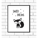 Kinderposter Kinderzimmerbild Spruch SWEET DREAMS mit Fuchs - für Jungen und Mädchen, Baby, Kind - Geschenkidee zur Geburt, Taufe, Geburtstag, Sprücheposter, skandinavisch, schwarz weiss, - ungerahmt
