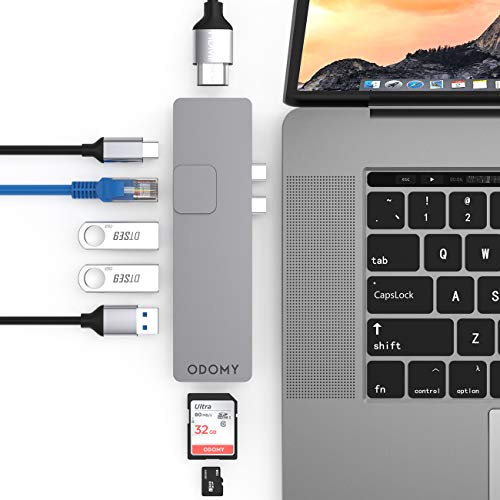 ODOMY USB C Hub - Thunderbolt 3, LAN, HDMI 4K & 2K, USB 3.0 Ports * 2, USB 2.0 Port, Lettore di schede SD/TF - Adattatore per MacBook PRO 2018/2017 / 2016 13" & 15" - 8 in 1 Multiport