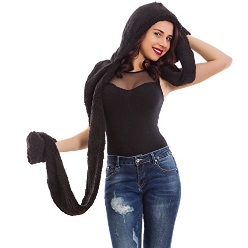 Ducomi® Geekchic - Luxury Designer Écharpe chapeau gants tout en un, en polaire thermique - en cadeau un kit de perles pour Nail Art, noir