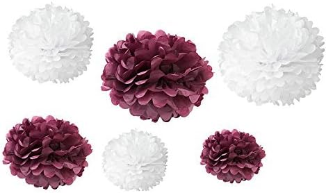 Generic Set of 12pcs Mixed 3 Sizes White Maroon Tissue Paper Pom Poms Flower Wedding Party Baby Girl Room Nursery Decoration by Somnr