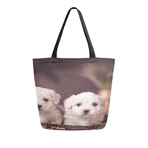 Preisvergleich Produktbild Langes Haar Malteser Weißes Haustier Tragbare Große Doppelseitige Lässige Tragetaschen Handtasche Schulter Wiederverwendbare Einkaufstaschen Reisetasche Für Frauen Männer Lebensmittelgeschäft Reise