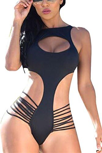 Women's Sexy Dare Devil Strappy Black Open Front Monokini Swimsuit One-Piece Swimwear Bathing Suit (S)