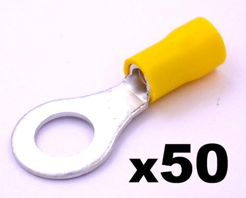 Auto Electrics 50x Yellow Ring Terminals, 12-10 awg for 8 mm Stud, Insulated Crimps for Wiring - Safety Approved