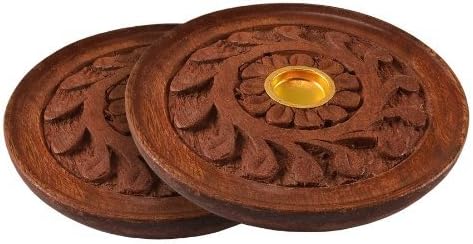 2pc Set - 4" Round Carved Wood Stick and Cone Incense Burners