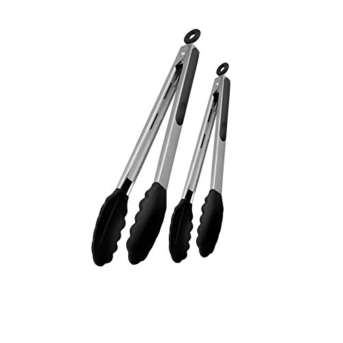 Tomkity BBQ Grill Barbecue Pinces 2 Pack (9''  &  12'') pour Cuisine Noir en Acier Inoxydable Silicone