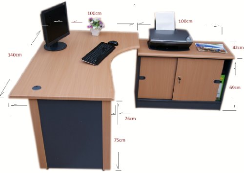 Computer Corner desk R with Side cabinet top table - (Beech / dark grey)
