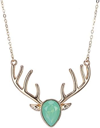 eManco Gold Statement Deer Antler Cute Animal Green Cyrstal Pendant Necklace for Women Fashion Jewellery