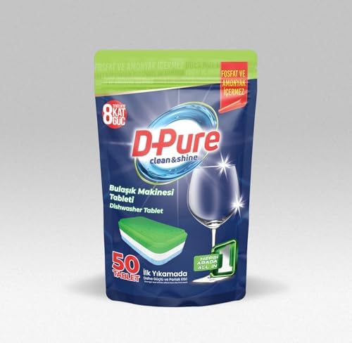 D-Pure, pastiglie per lavastoviglie, tutto in uno, extra forti, massima pulizia, lucentezza e protezione, senza fosfati e ammoniaca (50 pezzi)