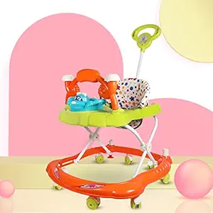 Musical 2-in-1 Walker with Parent Rod Height Adjustable Baby Walker for New Born Baby Orange