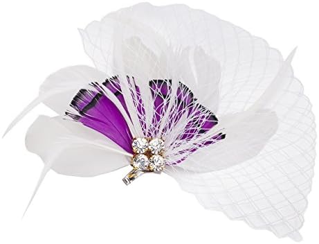 Janeojewels FascinatorsJaneo Headwear AUSTIN Rose Fascinator; Flirtatious Feathers Fan arrangement with Diamantes Crystals and Netting. Budget Price. Colours: Black, Cerise, Purple and Turquoise with White Combination