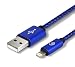 Produktbild EVOMIND Blitz Kabel auf USB in Nylon 2M Ladekabel kompatibel mit Phone XS/XS Max/XR/X/8/8+/7/7+/6s/6s+/6/6+/5c/5s/5/SE, Pad 4/5/6ª Gen/2018/Pro/Pro 2/Air/Air 2/Mini, Pod Nano/Touch - 2M Blau